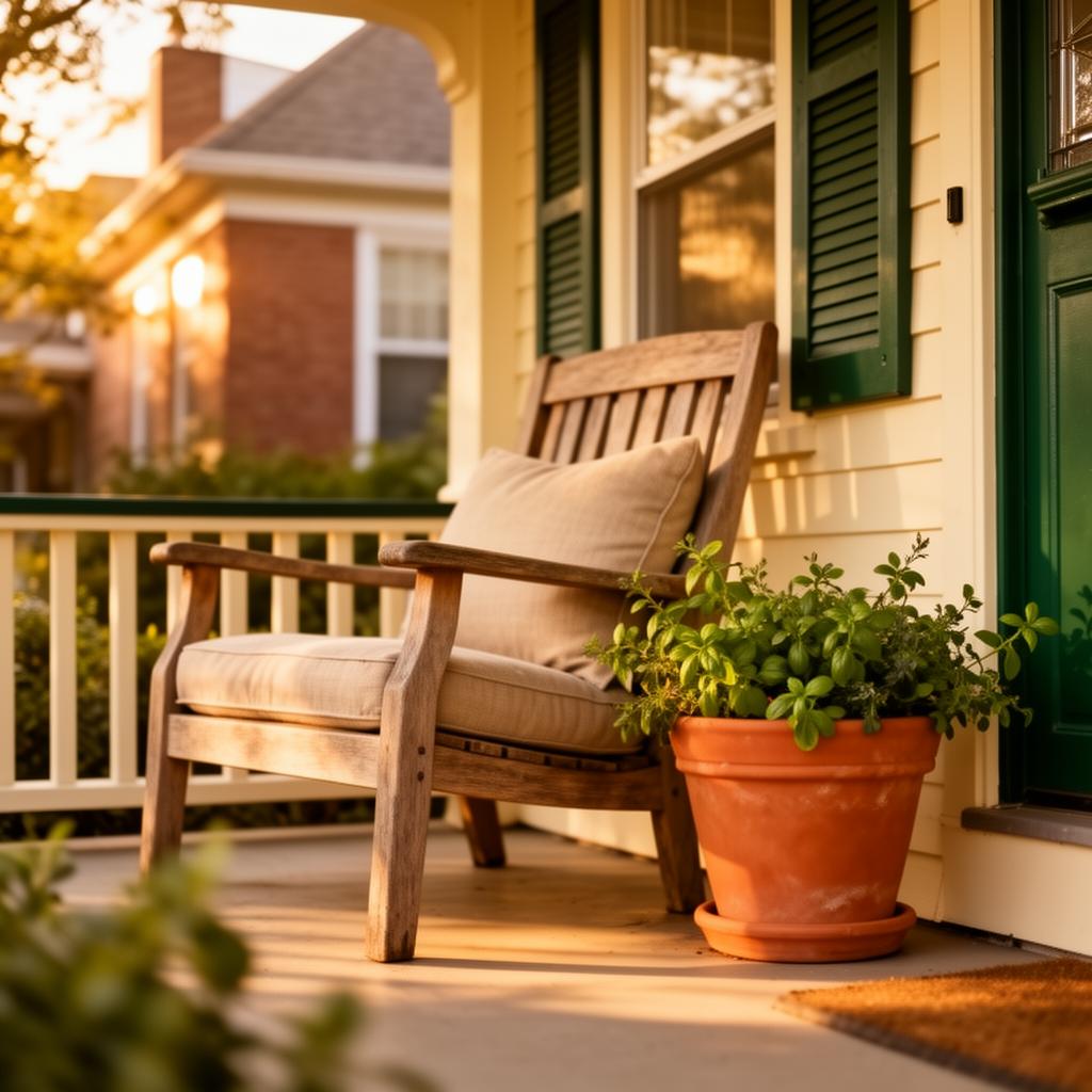 Warm Detroit porch with a wooden chair and terracotta planter at golden hour